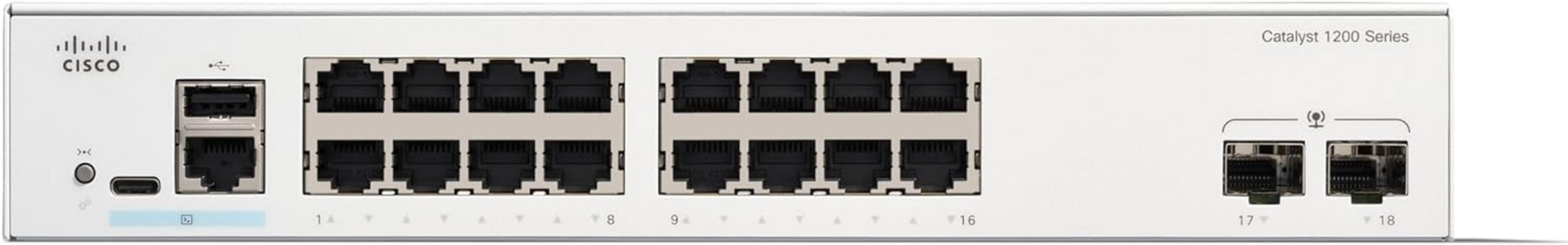 Pannello frontale di uno switch Cisco Catalyst 1200 Series bianco con 18 porte Ethernet.