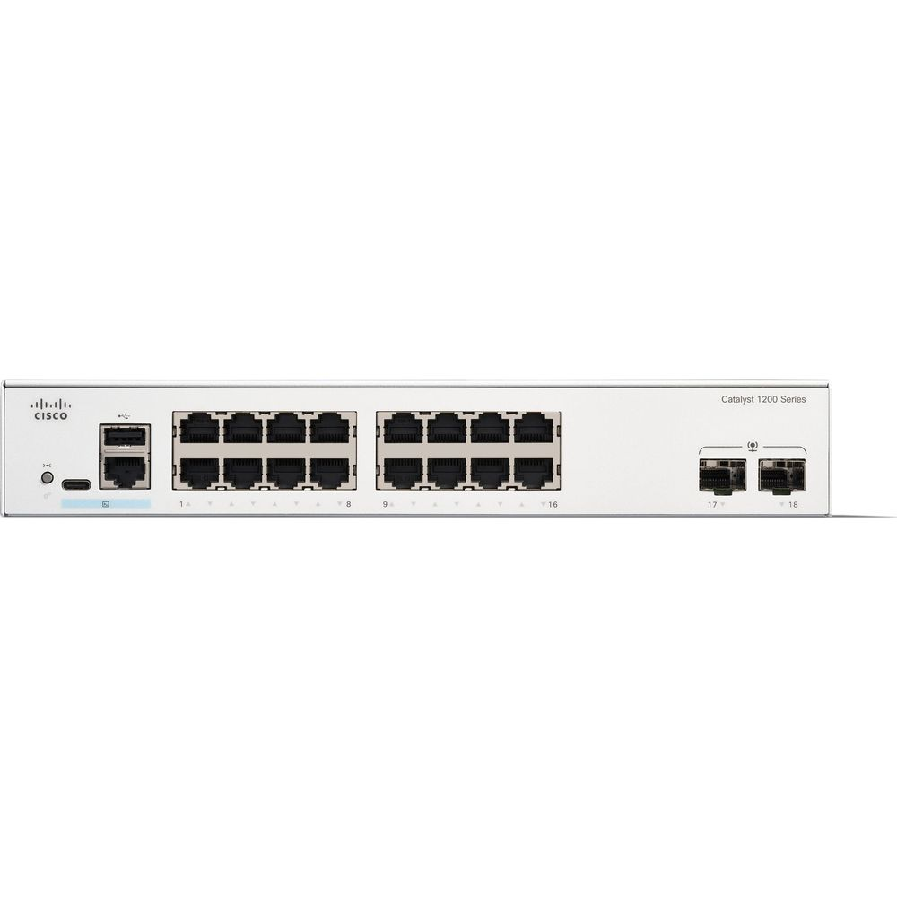 Uno switch Cisco Catalyst serie 1200 bianco con 18 porte.
