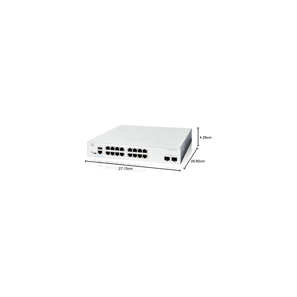 Uno switch di rete Cisco bianco da 24 porte, dimensioni 27,15cm x 26,82cm x 4,39cm.