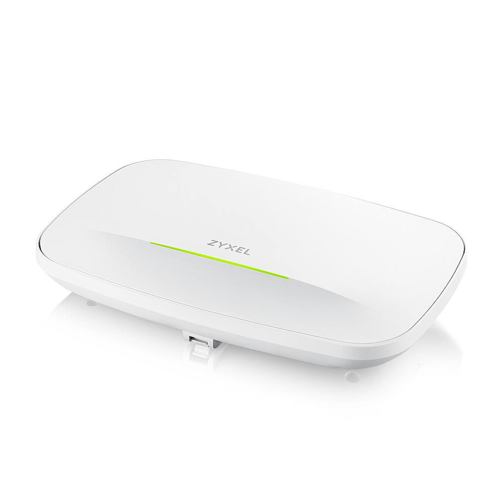 Un dispositivo Zyxel bianco con una striscia luminosa verde poggia su una superficie bianca.