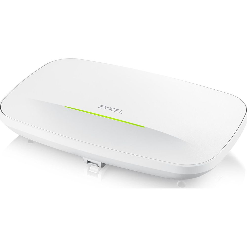 Un router Zyxel bianco con una striscia luminosa verde su sfondo bianco.