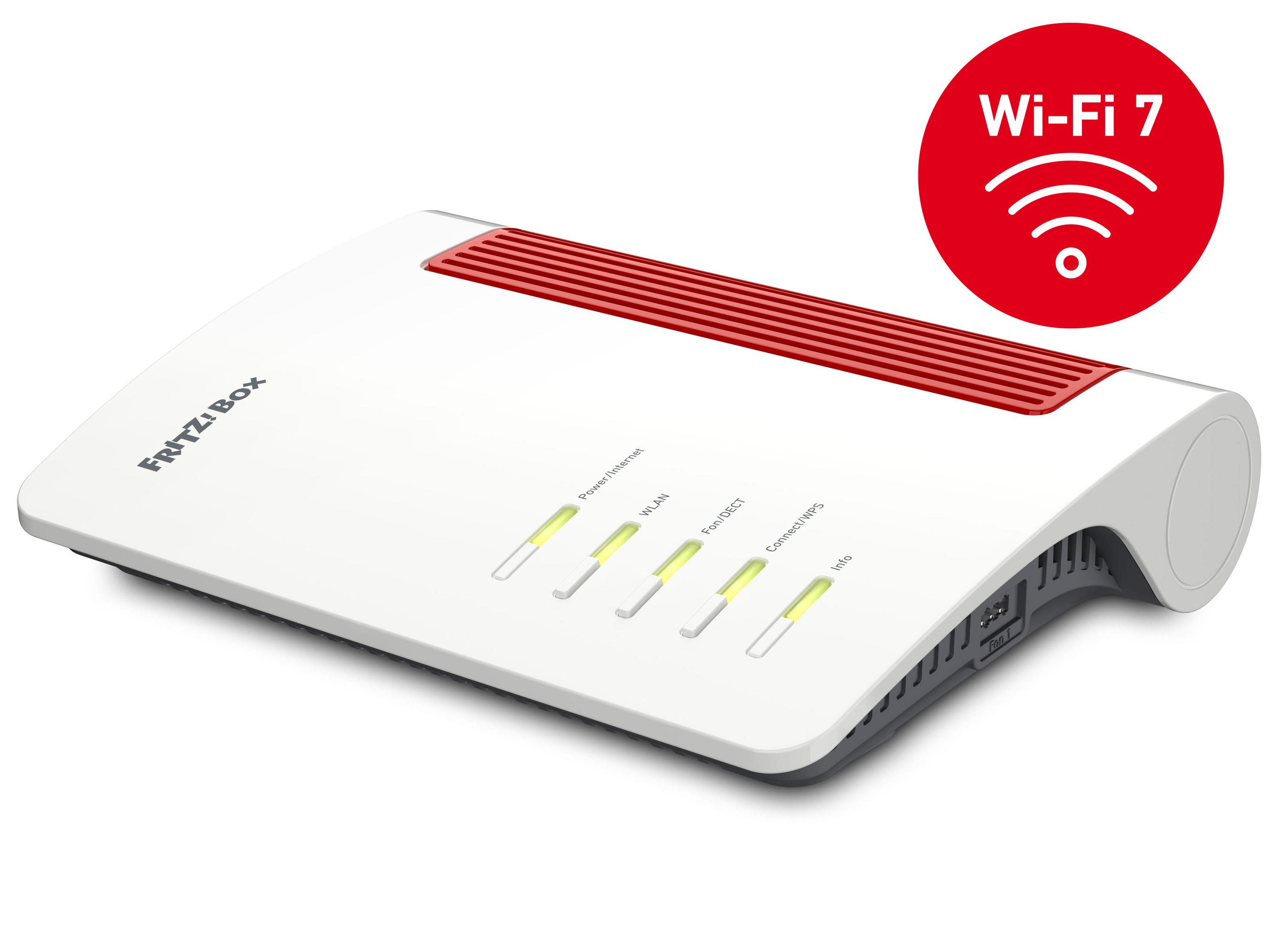 Un router Fritz!Box bianco con prese d'aria rosse e logo Wi-Fi 7.