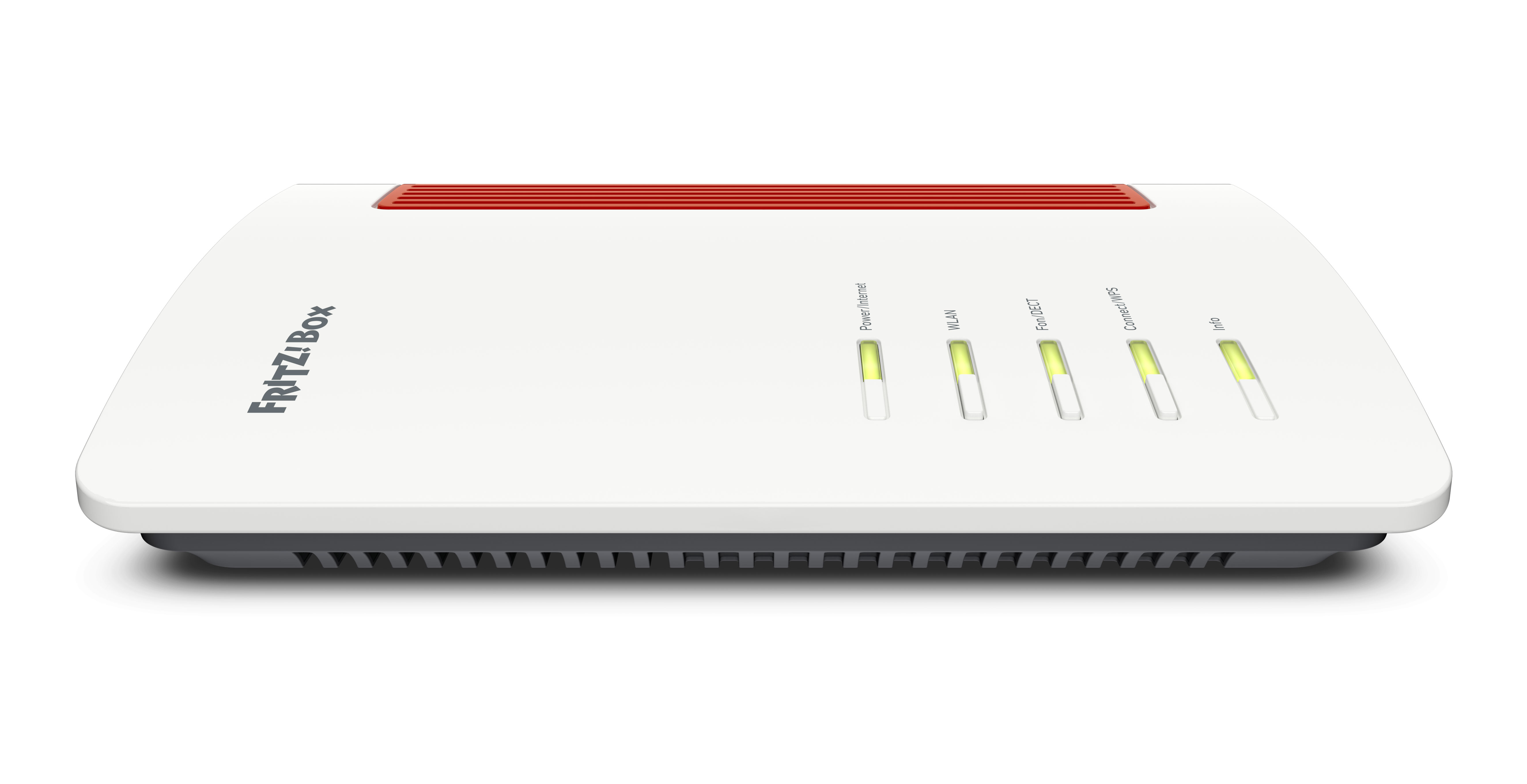 Un router Fritz!Box bianco con prese d'aria rosse e LED illuminati.
