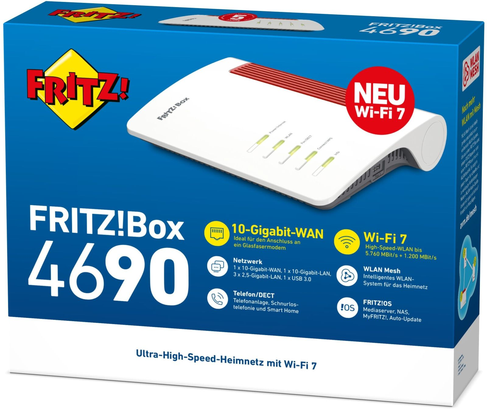 Confezione del router FRITZ!Box 4690, con enfasi su Wi-Fi 7 e WAN 10 Gigabit.