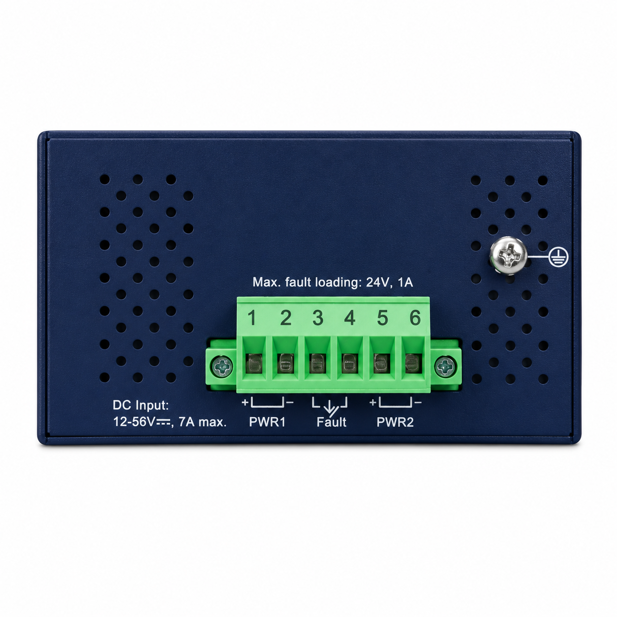 Dispositivo blu scuro con connettori: ingresso DC, 12-56V, 7A max.
