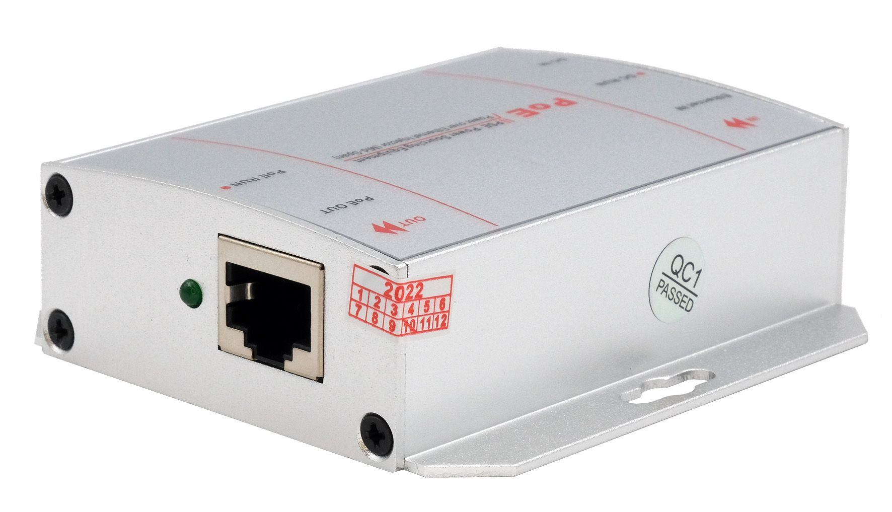Iniettore PoE argento con porta Ethernet, spia luminosa e adesivo QC superato.