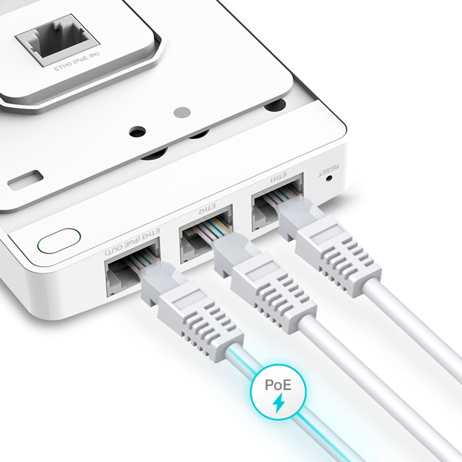 Tre cavi Ethernet bianchi collegati a un router bianco.