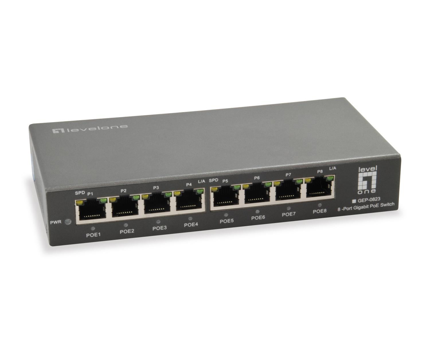 Switch PoE Gigabit grigio a 8 porte Level One con porte anteriori.