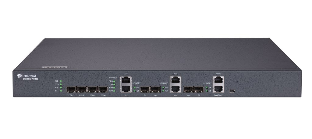 Szare urządzenie BDCOM P3310 z wieloma portami LAN i PON oraz diodami stanu.