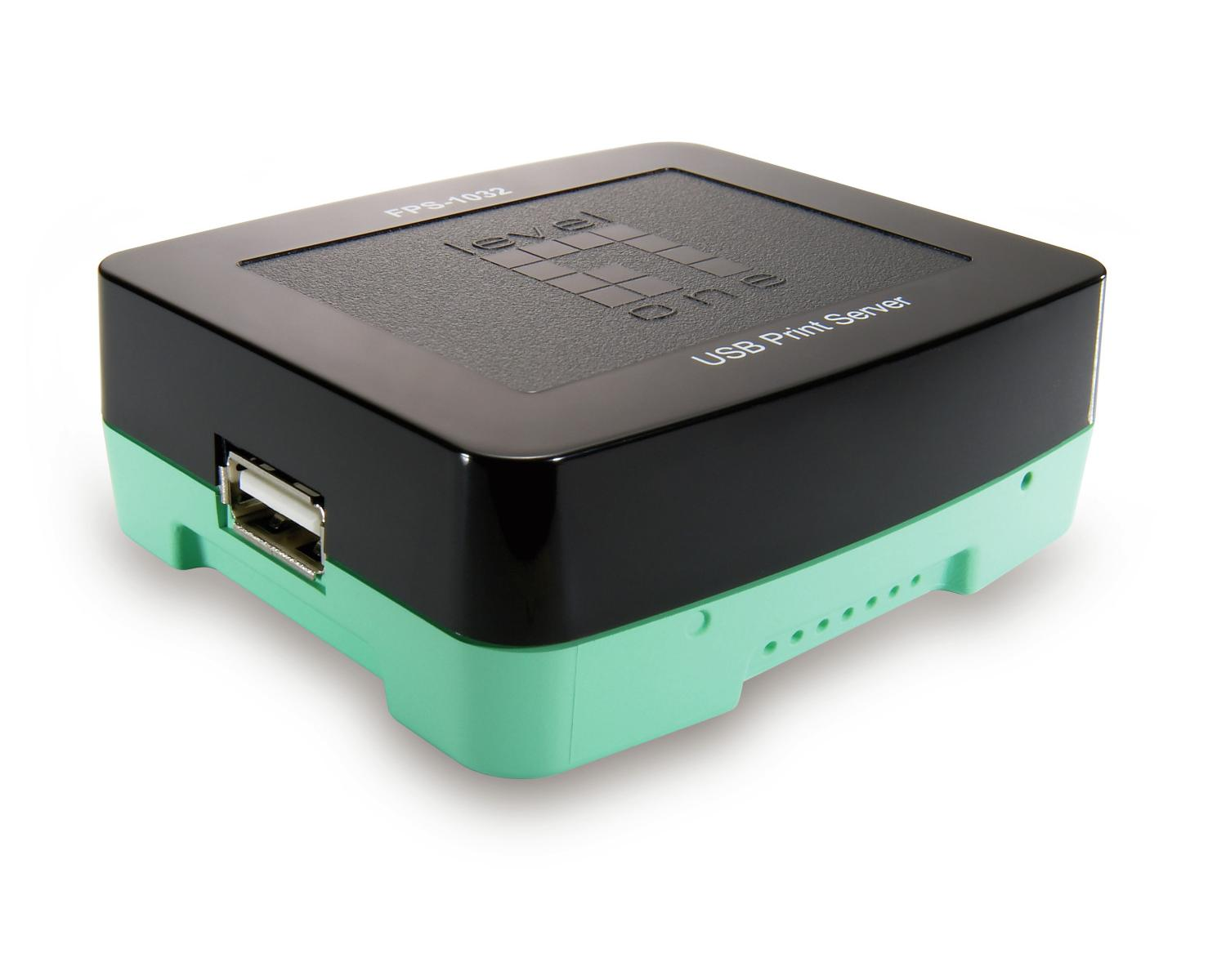 Un piccolo server di stampa USB rettangolare nero e verde con una porta USB.