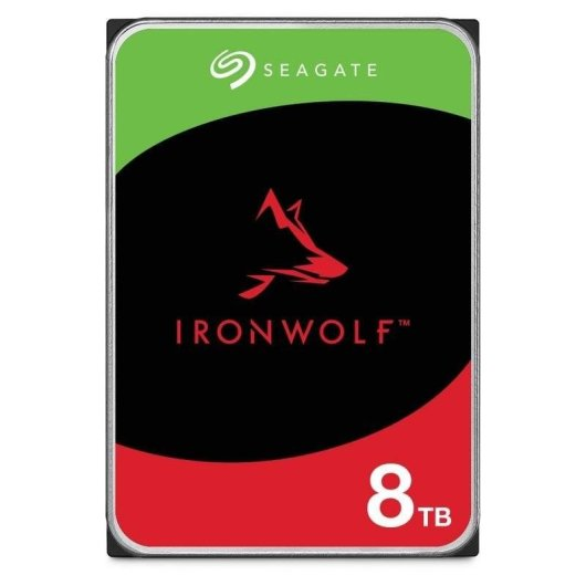 Seagate IronWolf 8TB HDD mit rot-grünem Design. Zeigt ein Wolf-Logo.