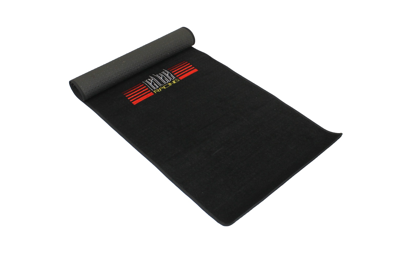 Alfombrilla negra con logo de carreras, parcialmente enrollada, sobre fondo blanco.