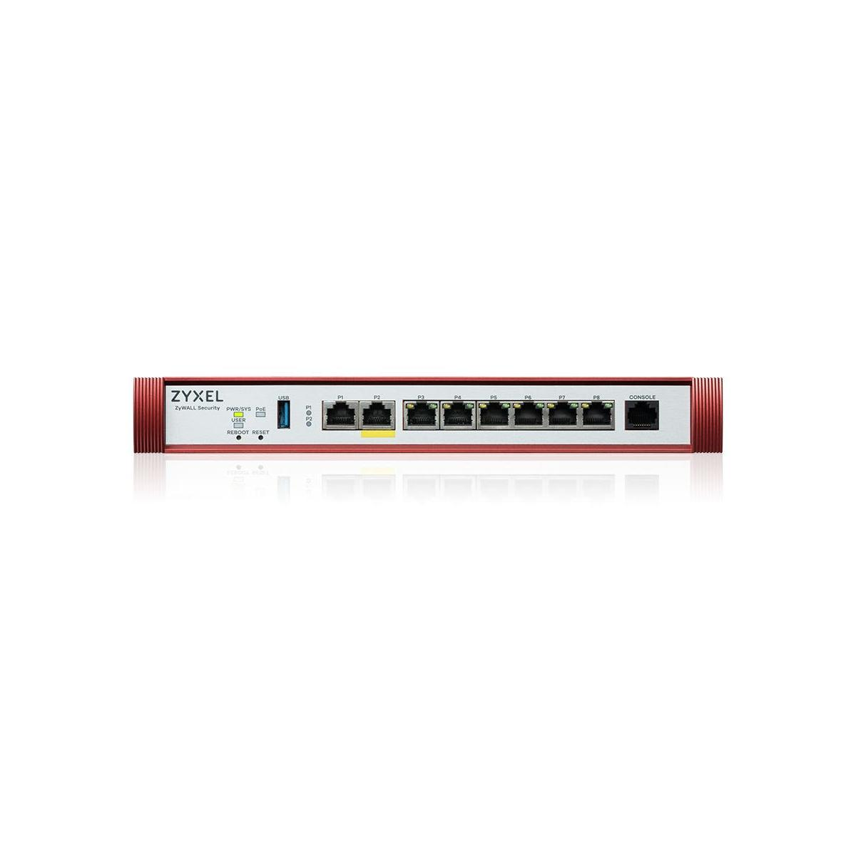 Un dispositivo di rete Zyxel ZyWALL Security rosso con 8 porte Ethernet e USB.