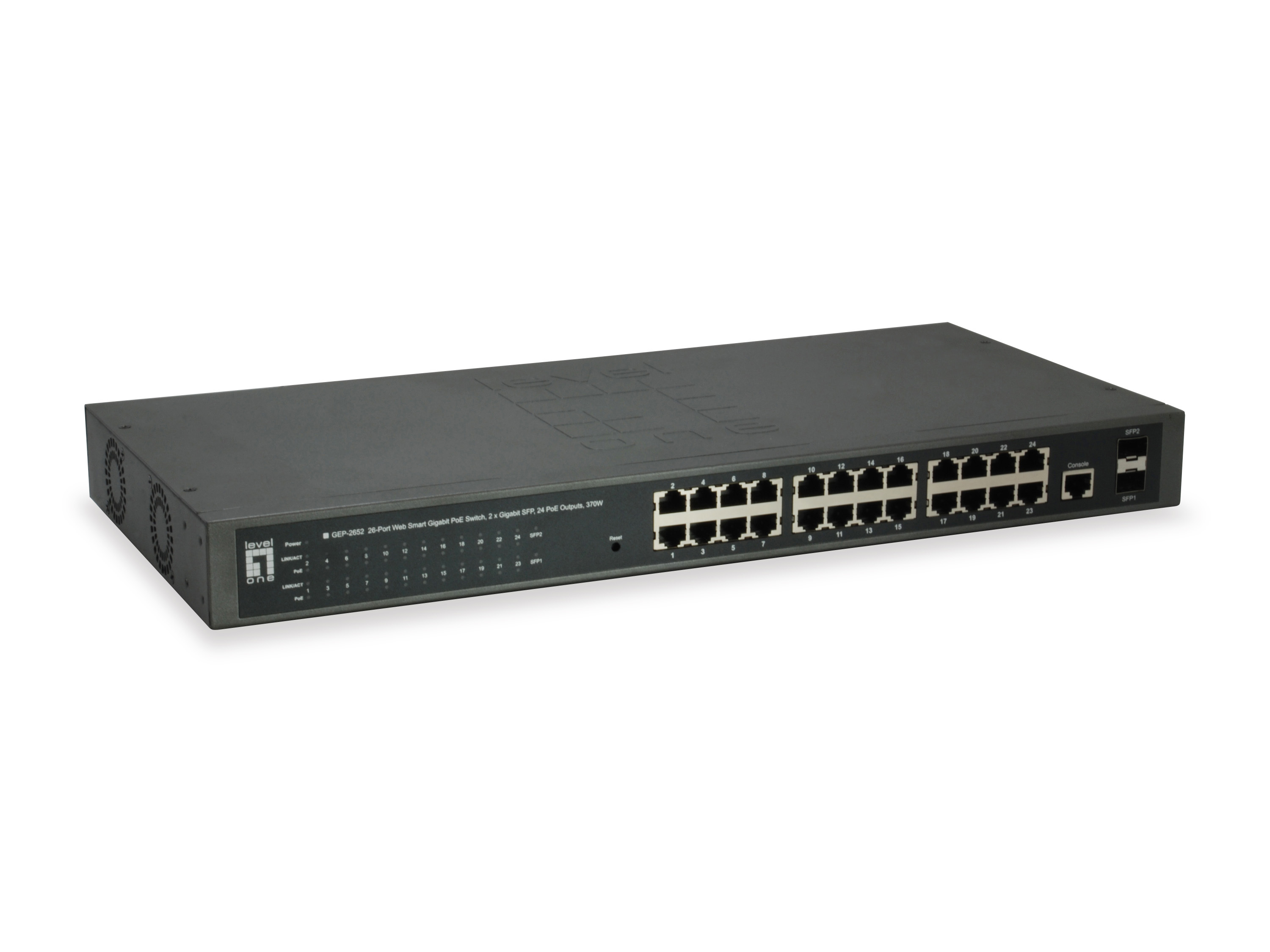 Uno switch PoE Gigabit grigio a 26 porte con più porte e spie.