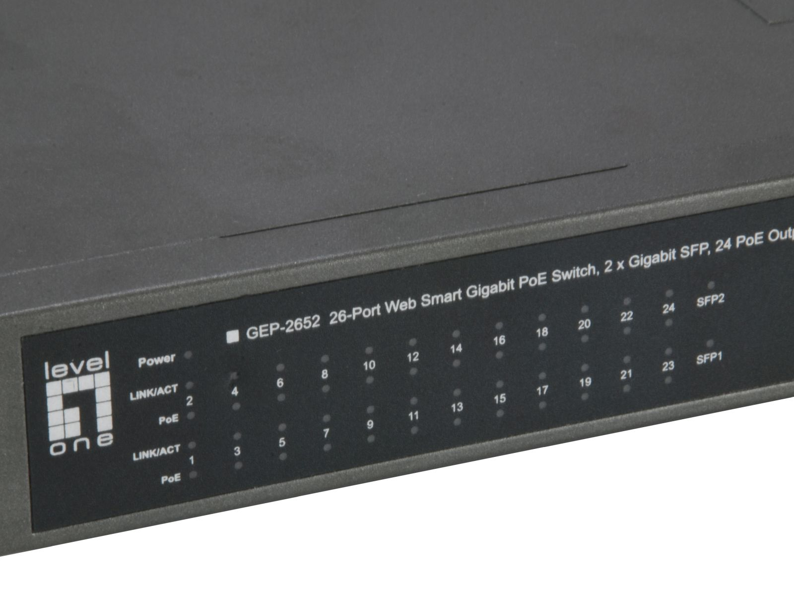 Switch PoE Gigabit Level One GEP-2652 a 26 porte con LED di alimentazione e link/attività.