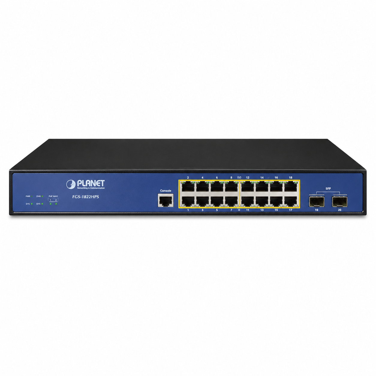 Switch di rete Planet FGS-1822HPS nero con 18 porte Ethernet e 2 porte SFP.