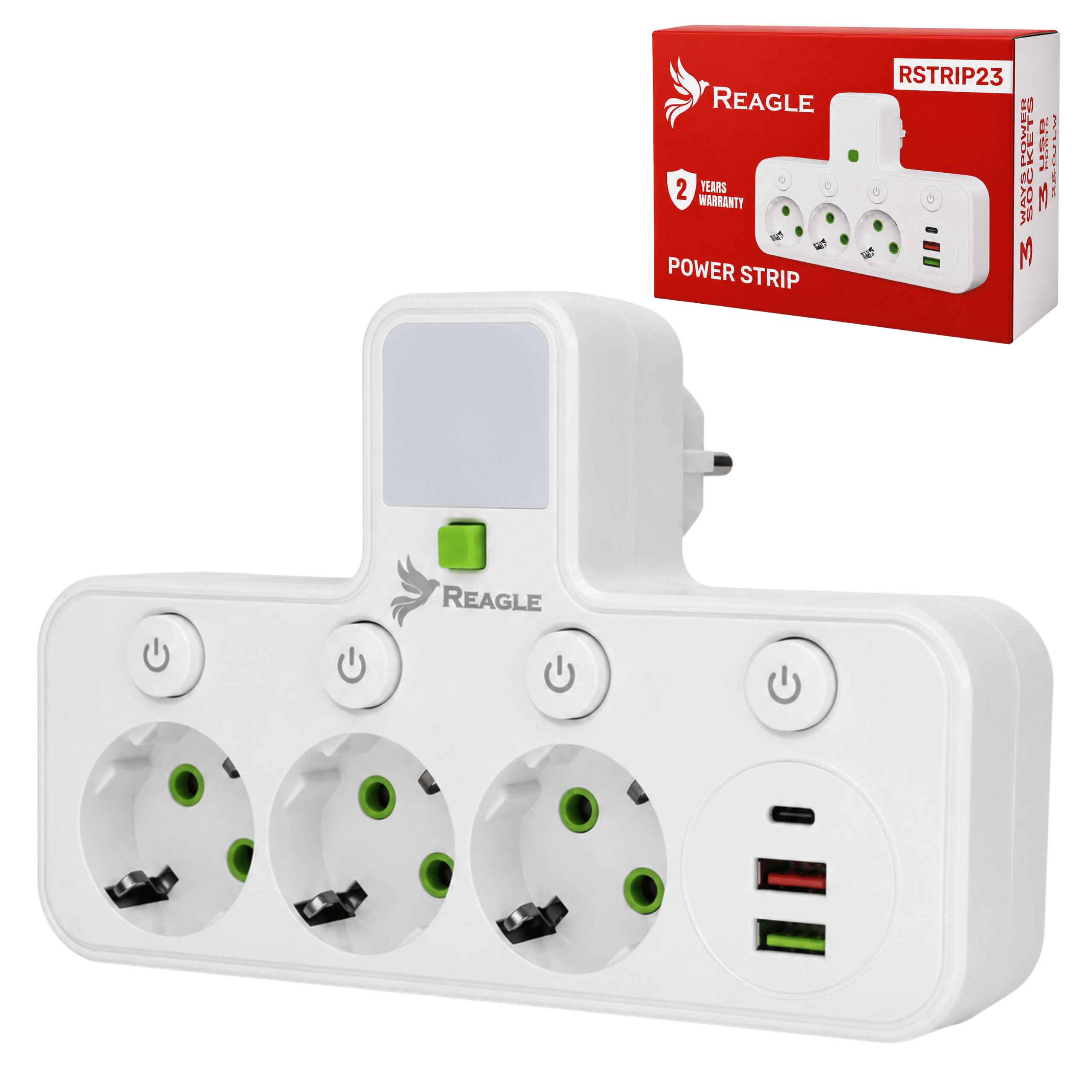 Weißer Mehrfachstecker mit 3 Steckdosen, 2 USB-Ports und Nachtlicht. Rot-weiße Verpackung.