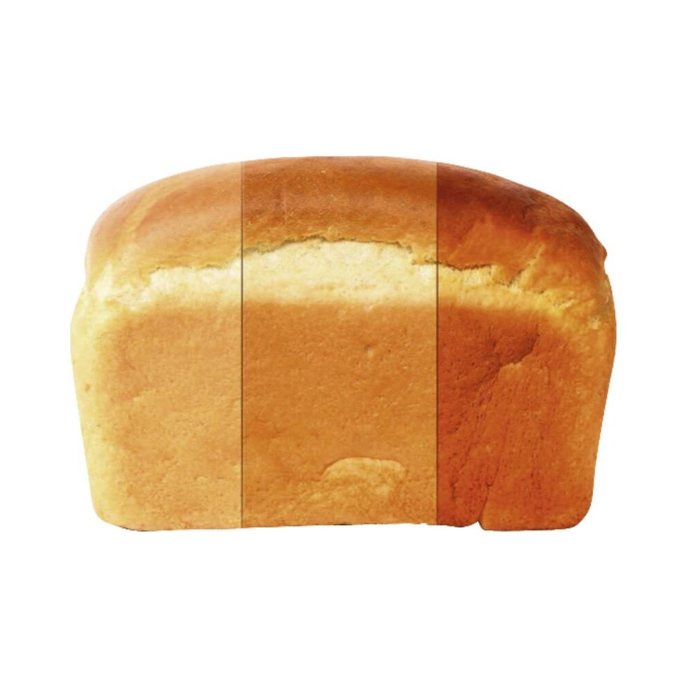Ein Laib Brot mit drei vertikalen Abschnitten, die verschiedene Bräunungsgrade zeigen.