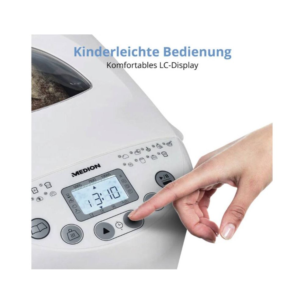 Weiße Brotmaschine mit Medion-Logo, LC-Display und Bedienelementen. Eine Hand drückt einen Knopf.