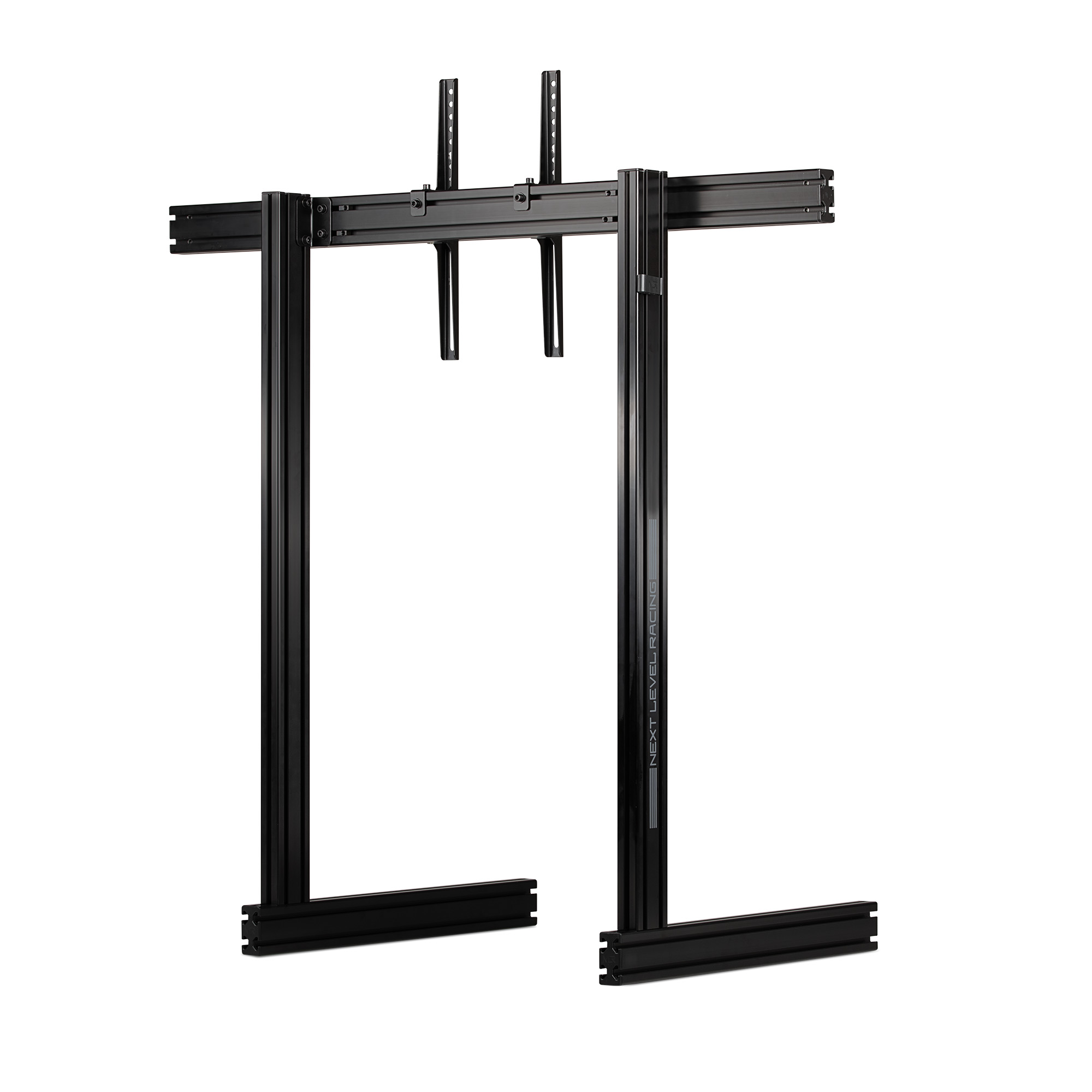 A black, two-part metal monitor stand with vertical supports and horizontal beams.