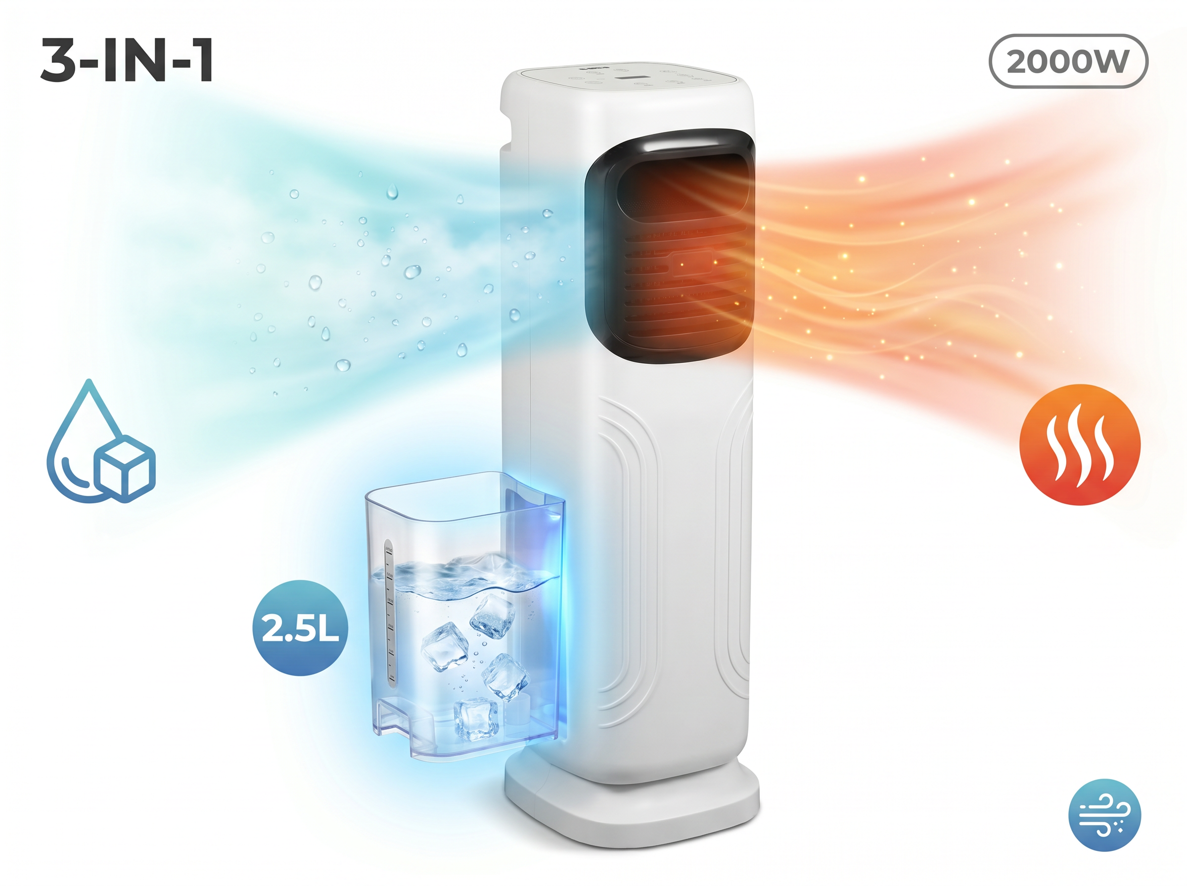 Ein weißer 3-in-1-Luftkühler/Heizer mit 2000W, Wassertank und Eiswürfeln.