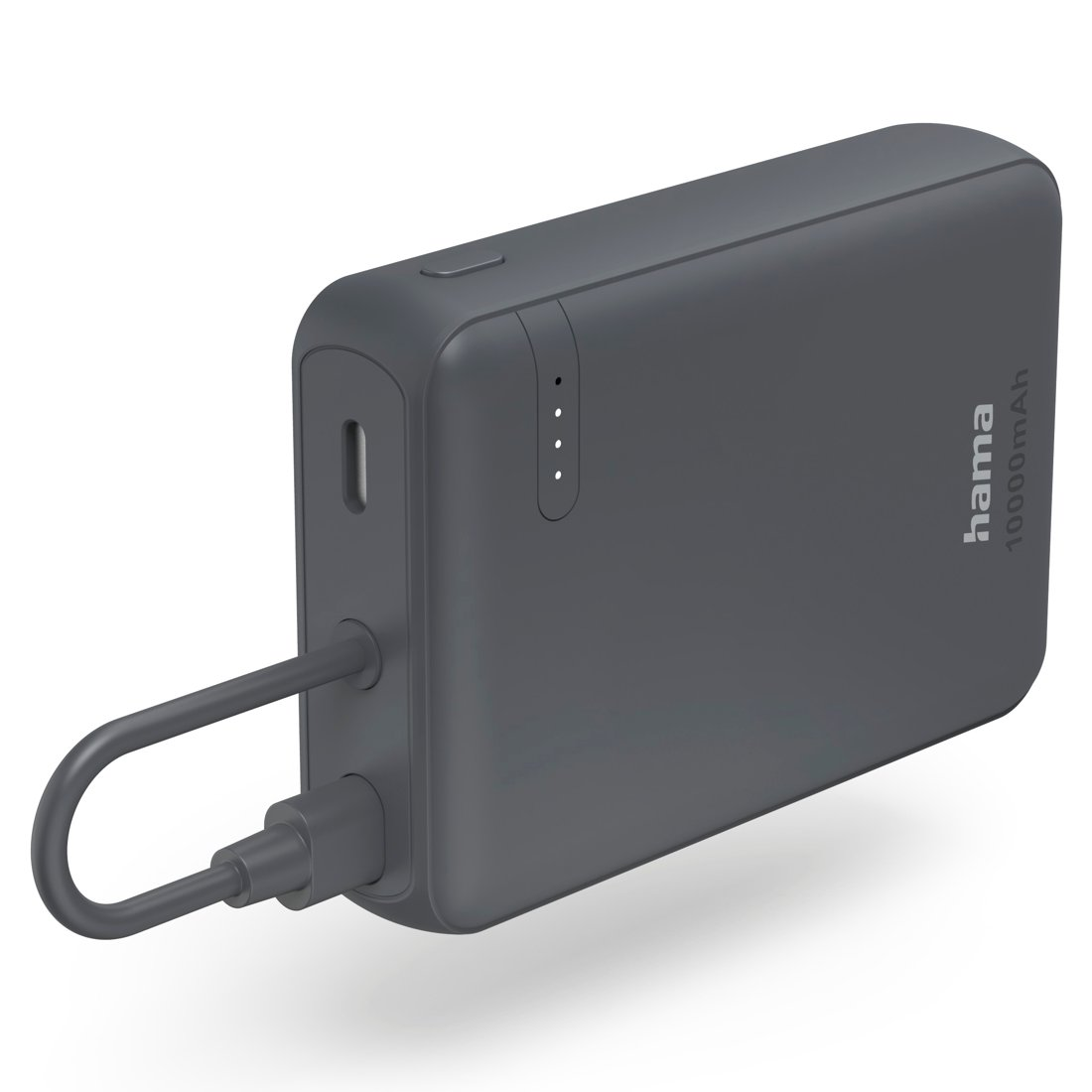 Szary power bank Hama 10000mAh z portem USB-C i kablem.