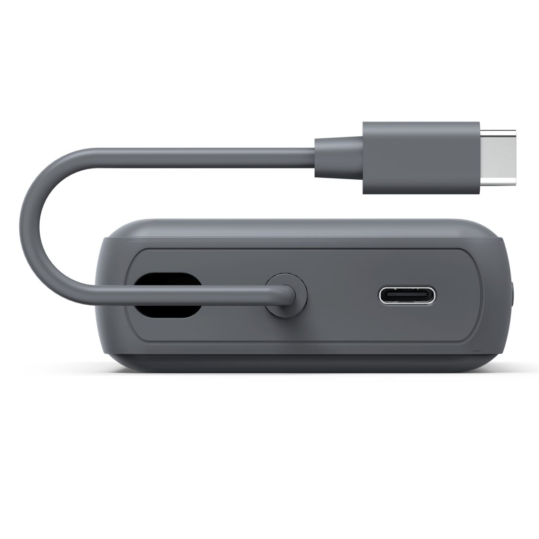 Szara ładowarka USB-C z podłączonym kablem na białym tle.