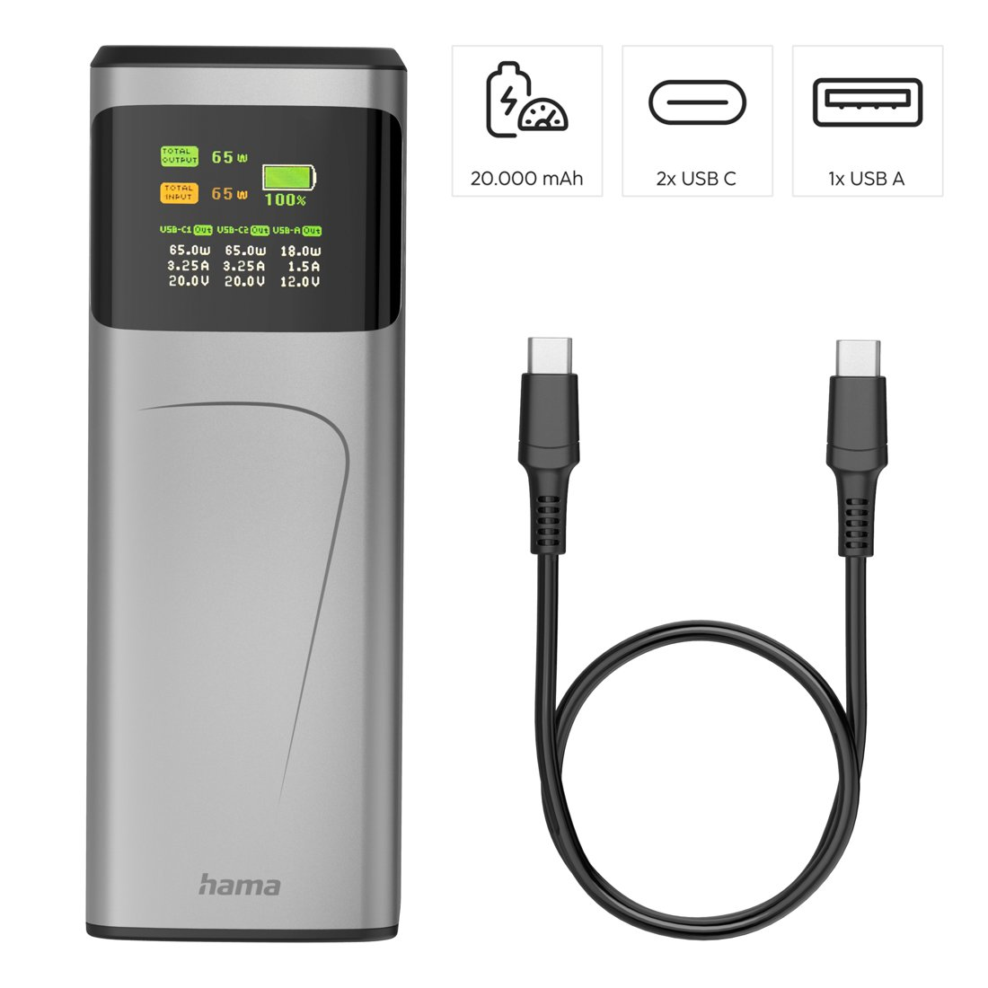 Power bank Hama grigia con cavo USB-C nero e informazioni sullo schermo.