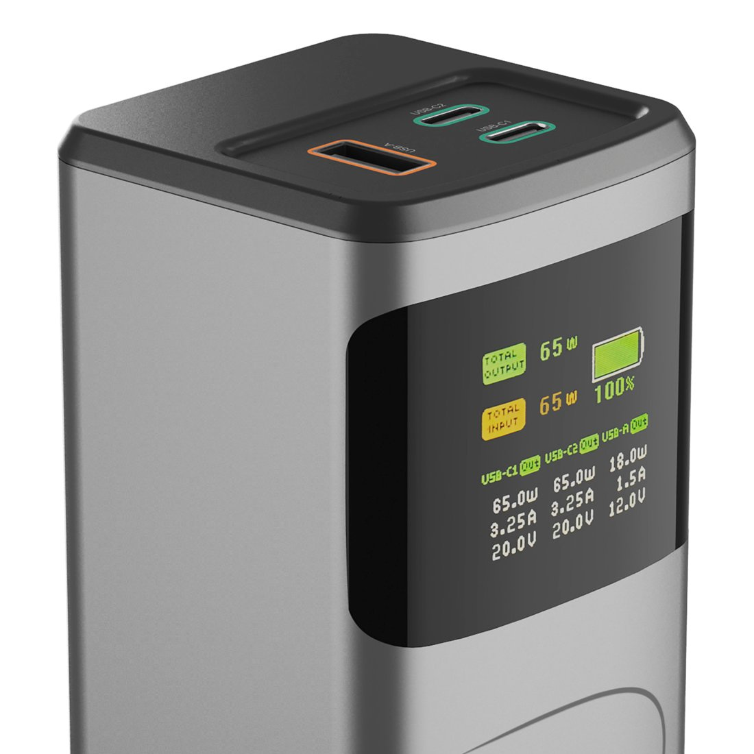 Caricatore grigio con display digitale che mostra potenza e batteria.