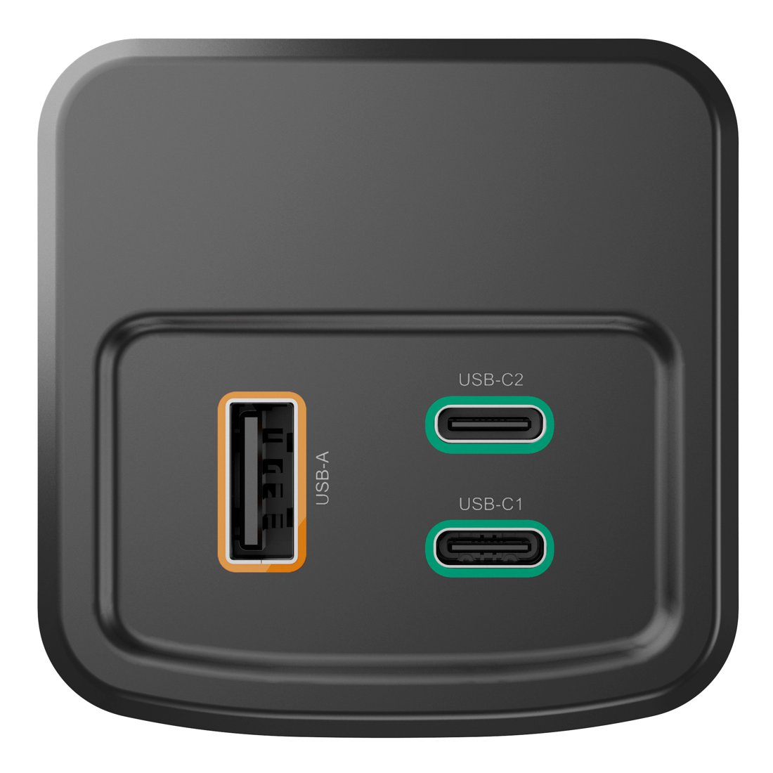 Caricatore nero con una porta USB-A e due porte USB-C.
