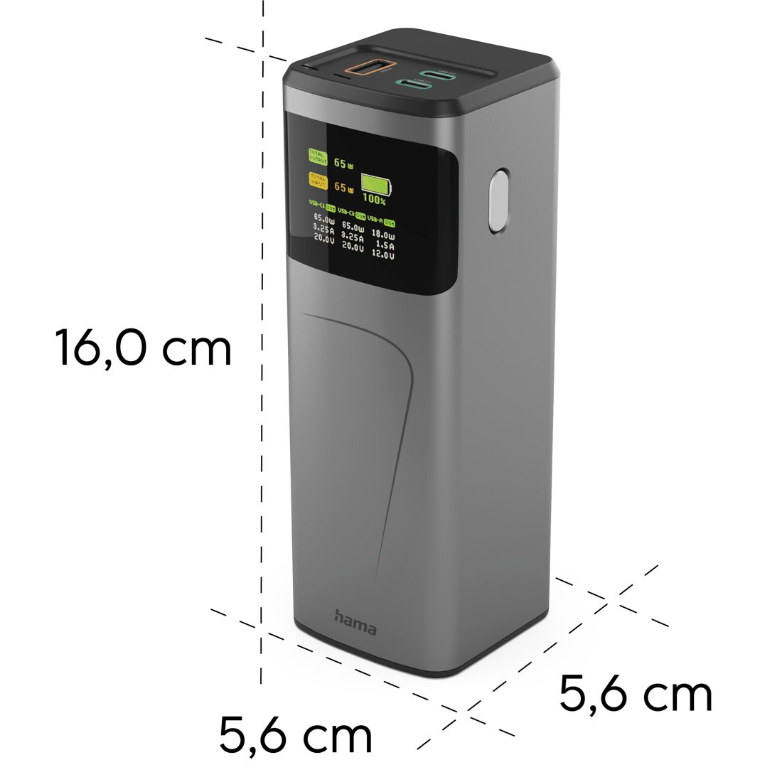 Caricatore USB-C grigio da 65W con display, 16x5.6x5.6cm.