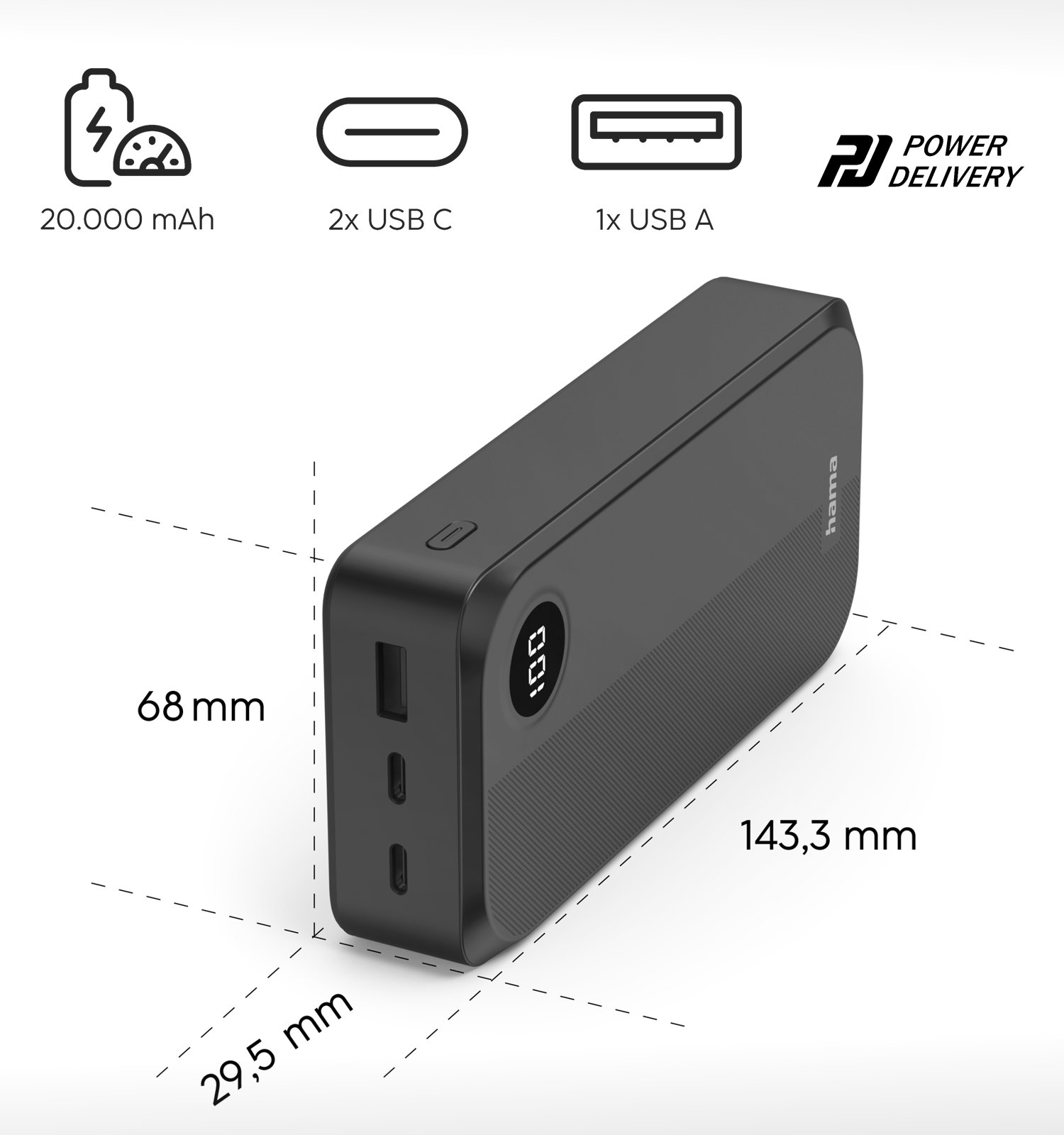 Power bank Hama nera da 20.000 mAh, 2x USB C, 1x USB A.