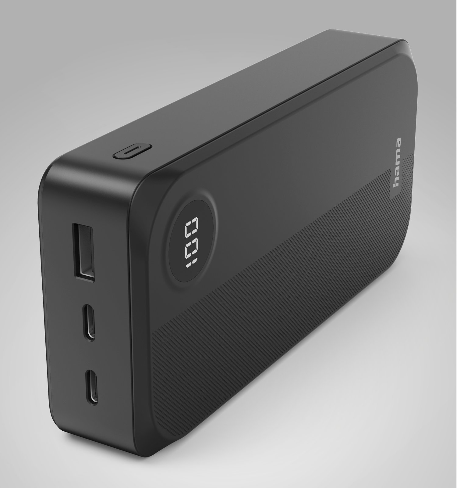 Power bank Hama nera con porte USB e display digitale che mostra 100.