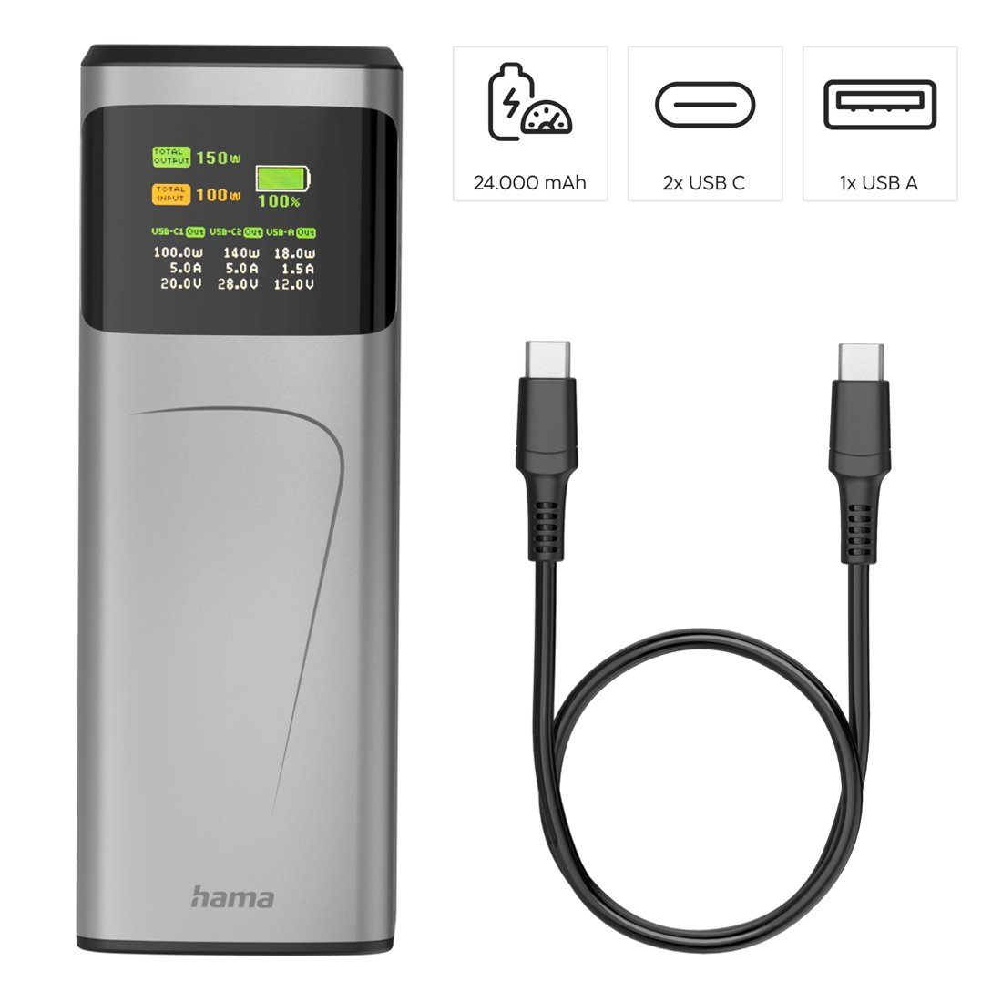 Graues Hama Powerbank mit Kabel, 24.000 mAh, 150 W Ausgang.