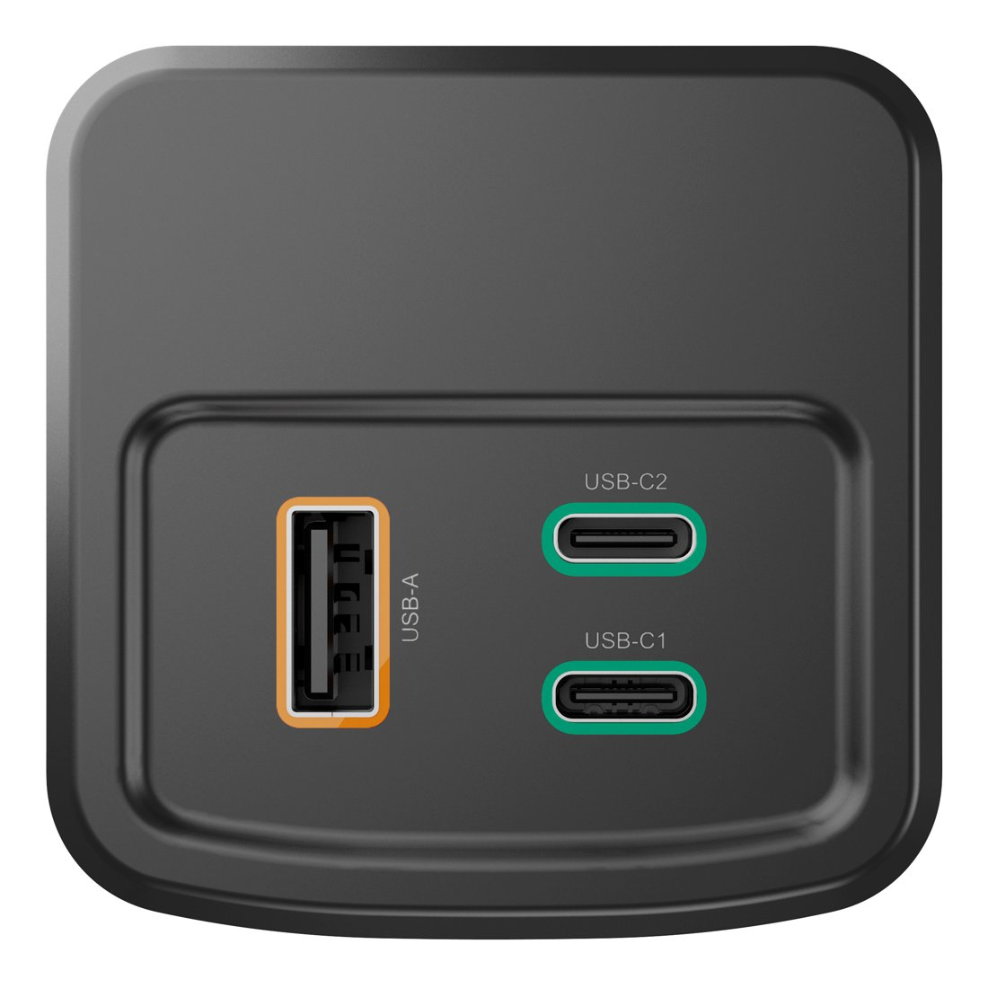 Schwarzes Ladegerät mit einem USB-A-Anschluss und zwei USB-C-Anschlüssen (USB-C1, USB-C2).