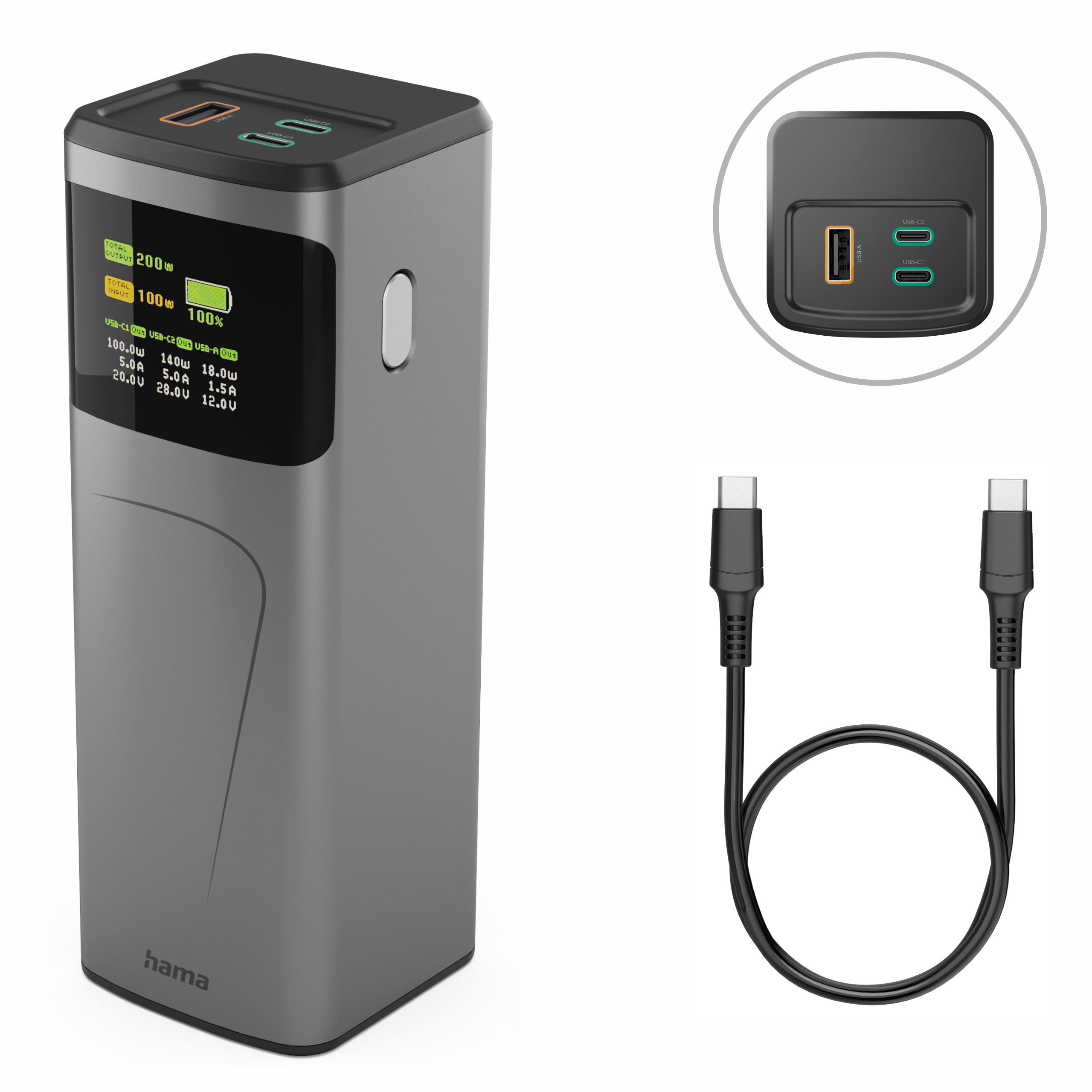 Adattatore di alimentazione grigio con porte USB-A e USB-C e un cavo USB-C nero.