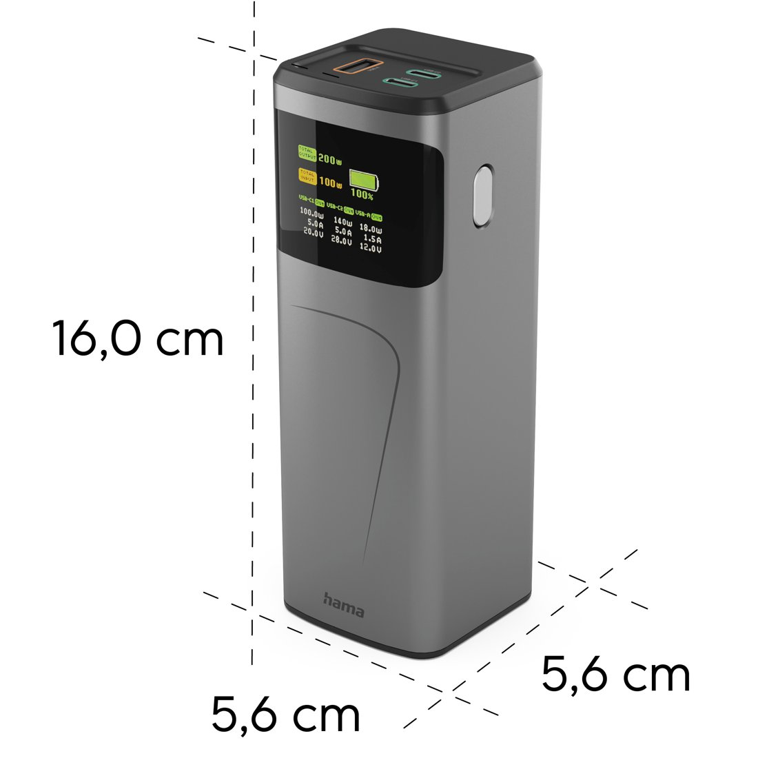 Blocco di alimentazione Hama grigio con 2 porte USB-C e 1 USB-A, mostra 100W.