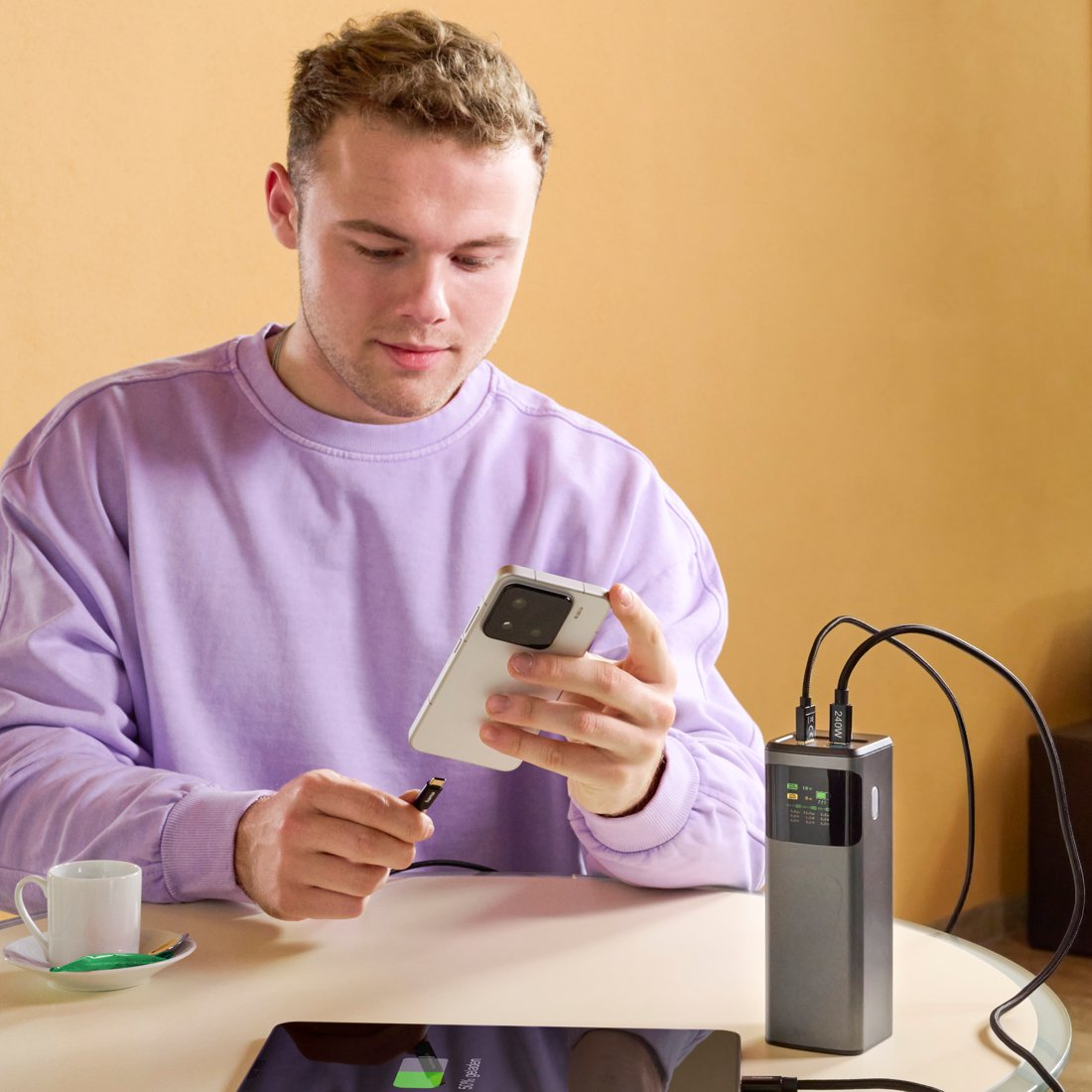 Uomo con maglione viola carica telefono e tablet da power bank.