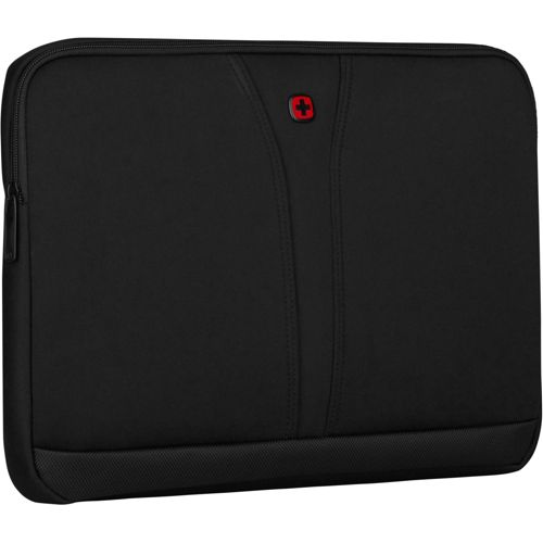Zwarte laptoptas met rood Zwitsers kruis logo.
