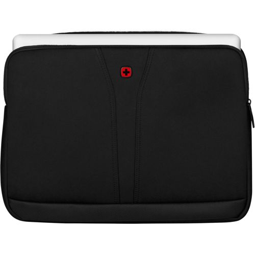 Zwarte laptoptas met rood Zwitsers kruis logo. Laptop deels zichtbaar bovenin.