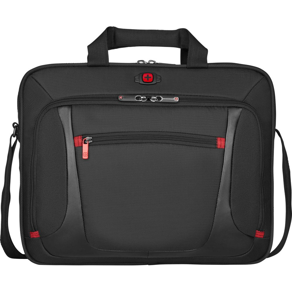 Schwarze Laptoptasche mit rotem Logo und roten Akzenten.