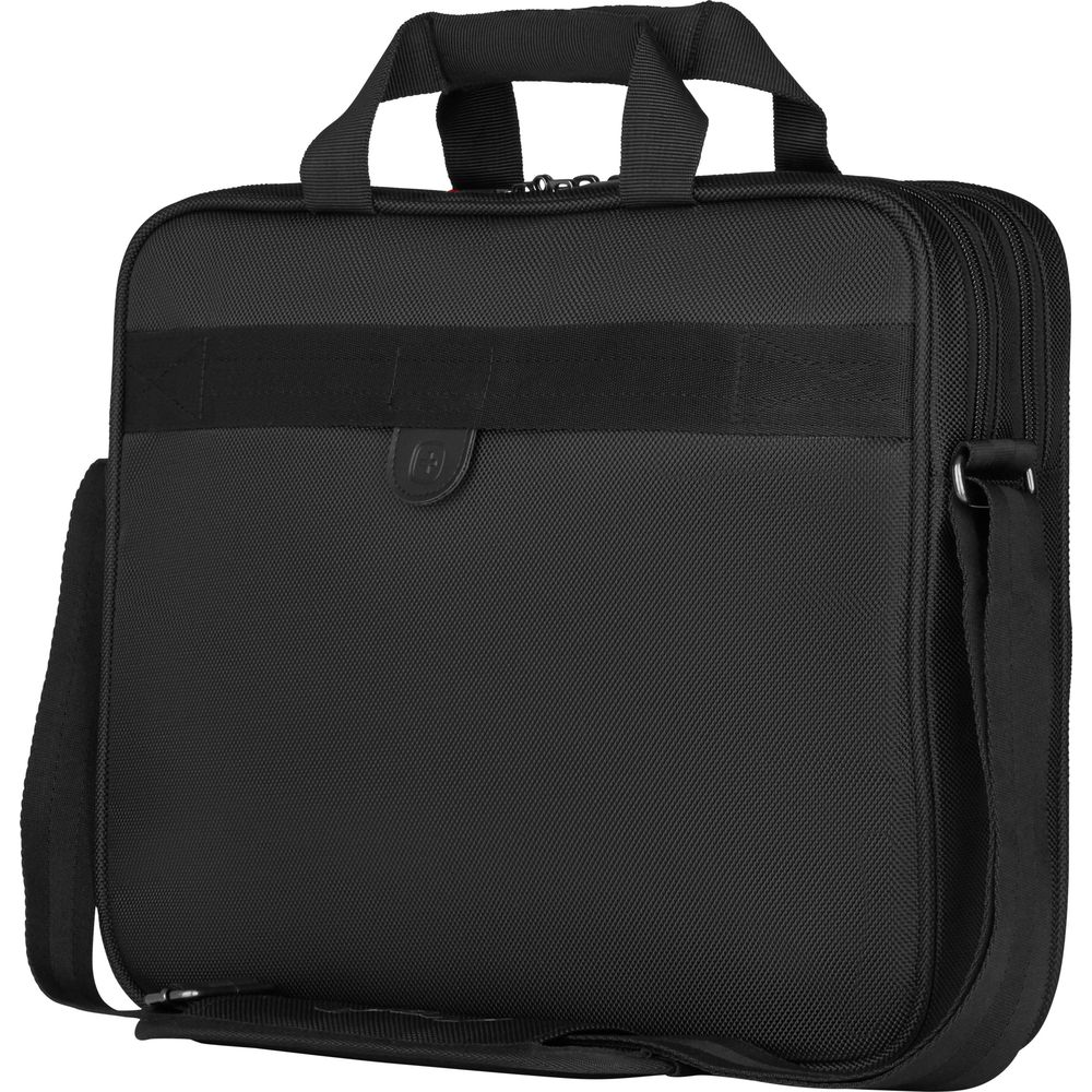 Schwarze Laptoptasche mit Tragegriff, Schultergurt und Reißverschluss.