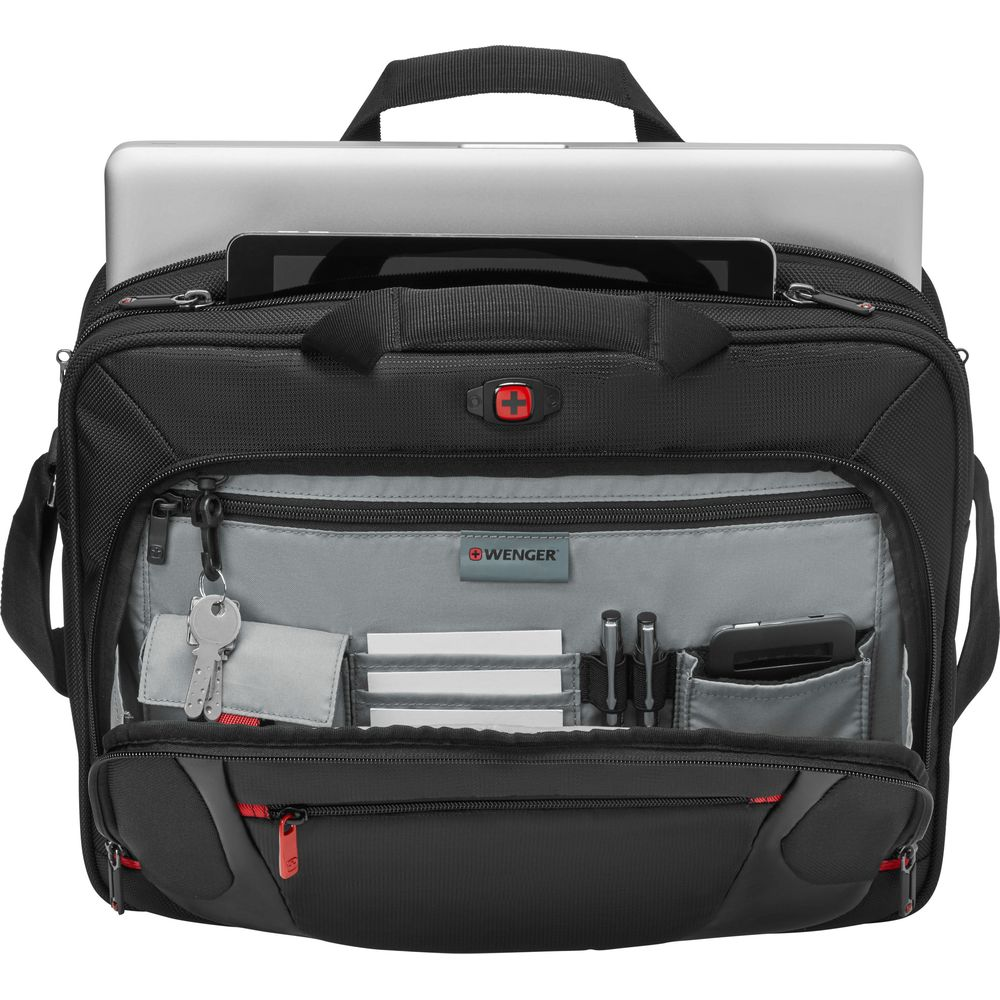 Schwarze Laptoptasche mit offenem Fach, Laptop oben, Schlüssel, Stifte und Handy innen.