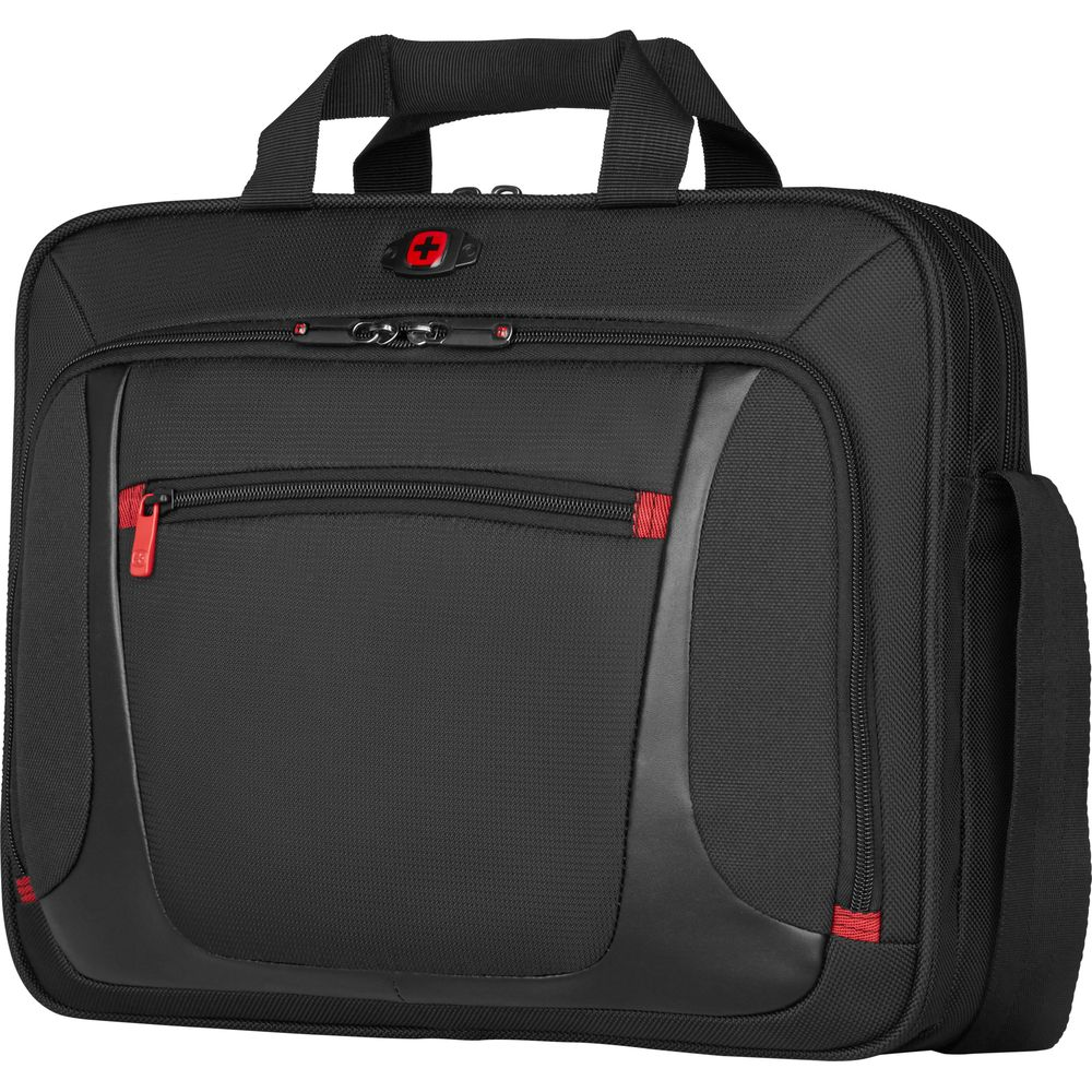 Eine schwarze Laptoptasche mit roten Akzenten, Reißverschlüssen und Schweizer Logo.