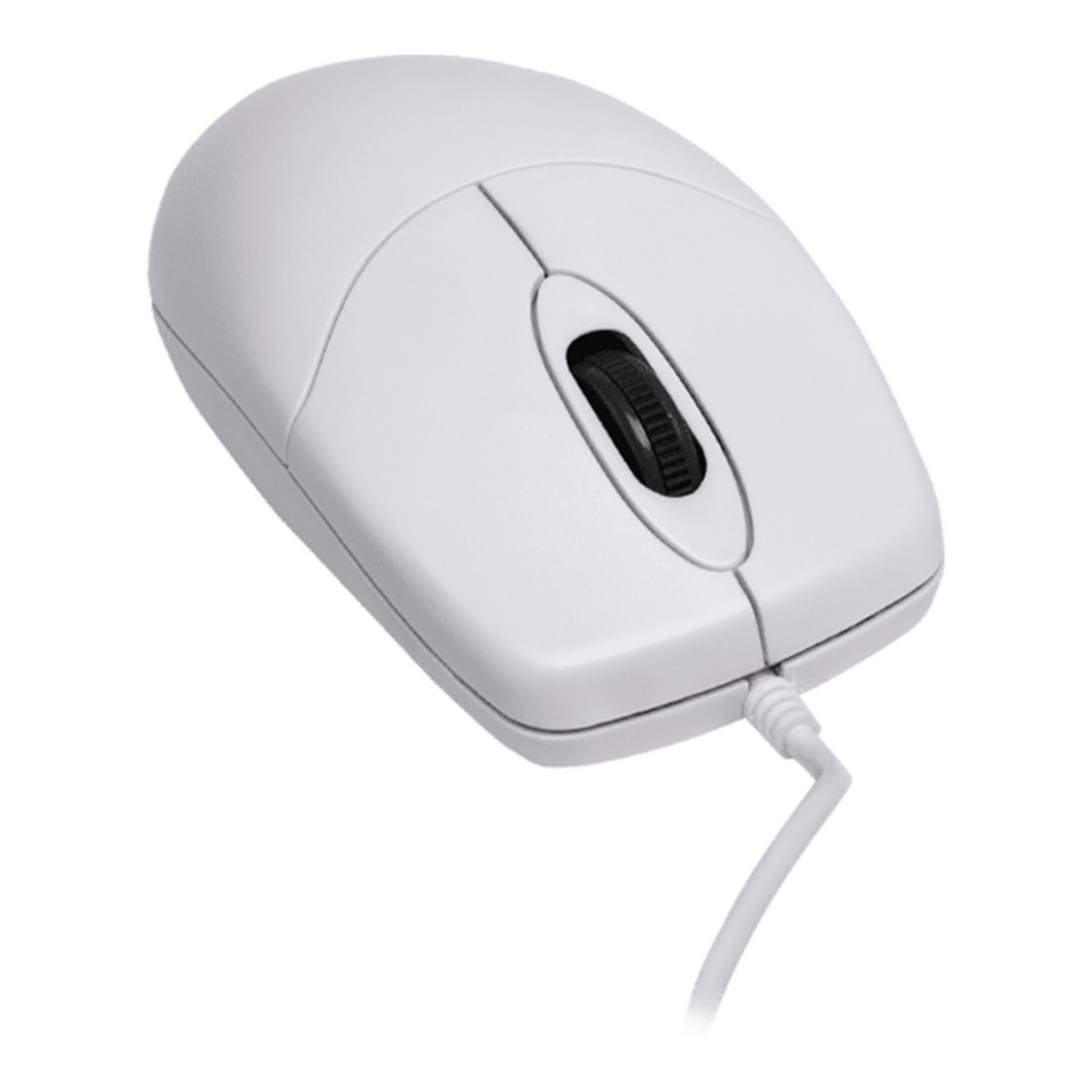 Un ratón de ordenador blanco con rueda de desplazamiento y cable negros.