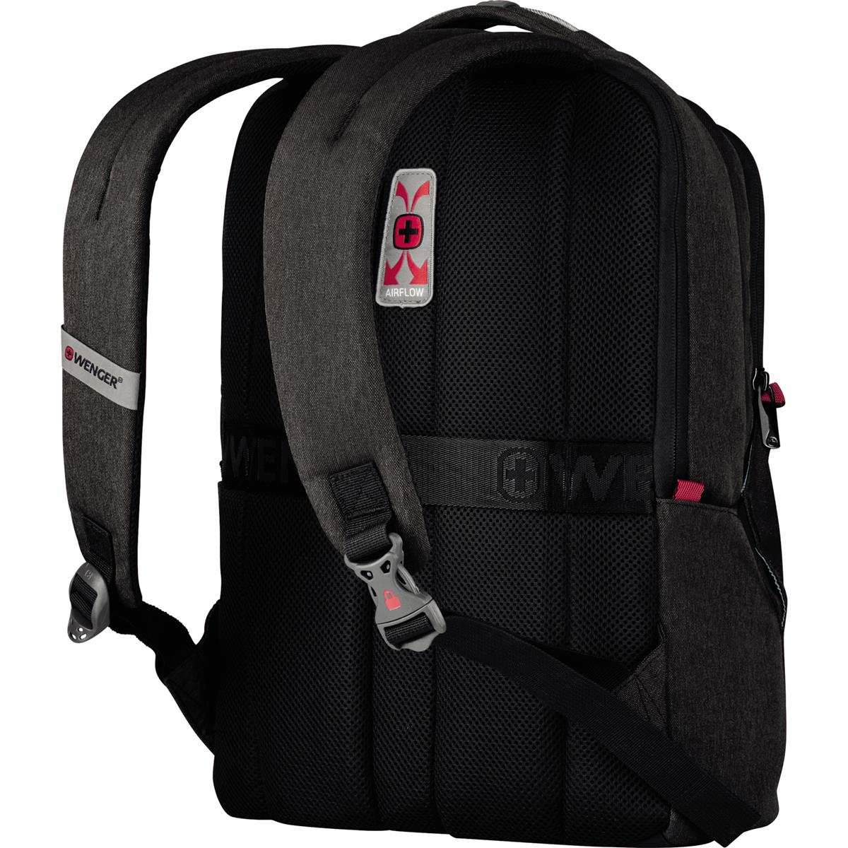 Rückseite eines dunklen Rucksacks mit gepolsterten Gurten und Belüftungssystem.