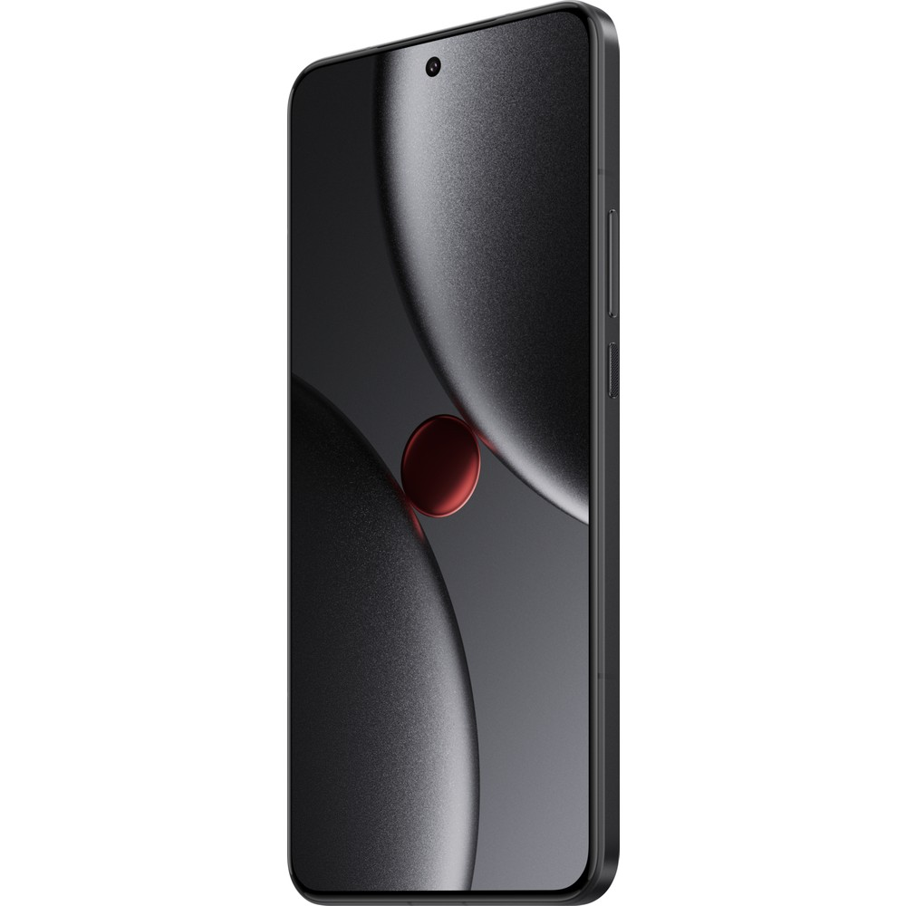 Koyu bir akıllı telefon, gri eğriler ve kırmızı daire içeren modern soyut bir duvar kağıdı gösteriyor.