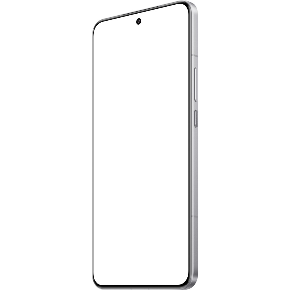 Boş beyaz ekranlı gümüş renkli bir akıllı telefon, yandan görünüm.