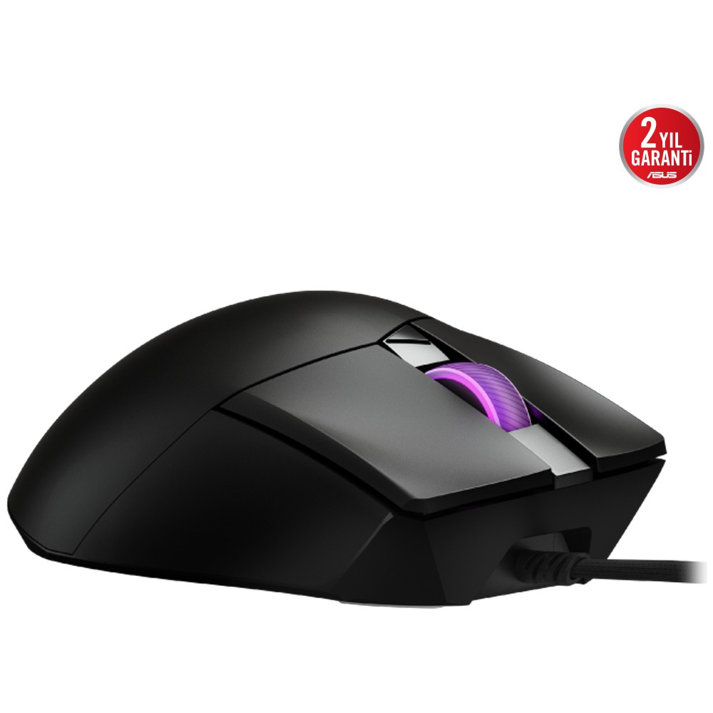 Mor kaydırma tekerlekli siyah ASUS garantili oyuncu faresi.