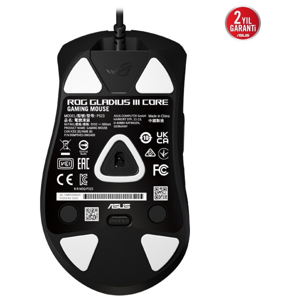 Sertifikalara sahip siyah Asus ROG Gladius III Core oyuncu faresi alt yüzü.